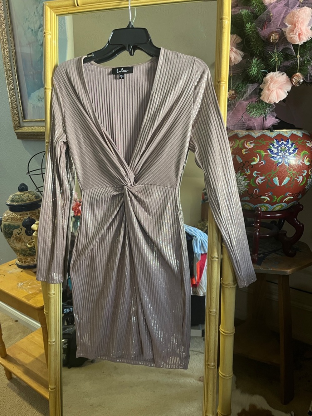 Lulu's Metallic Taupe Long Sleeve Twist Front Dress